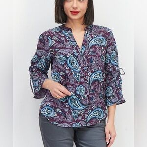 41 Hawthorn Split Neck Bell Sleeve Paisley Floral Blouse Petite Small SP Purple